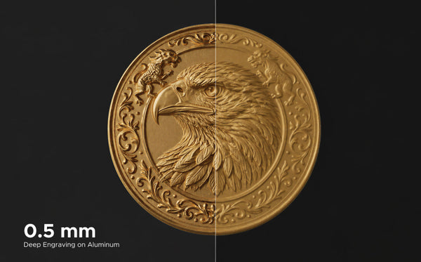 Gold-colored eagle relief sample labeled 0.5 mm deep engraving on aluminum.