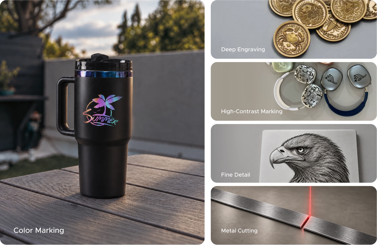 Collage of a color-marked tumbler, engraved coins, marked jewelry, a detailed eagle engraving, and cut metal.
