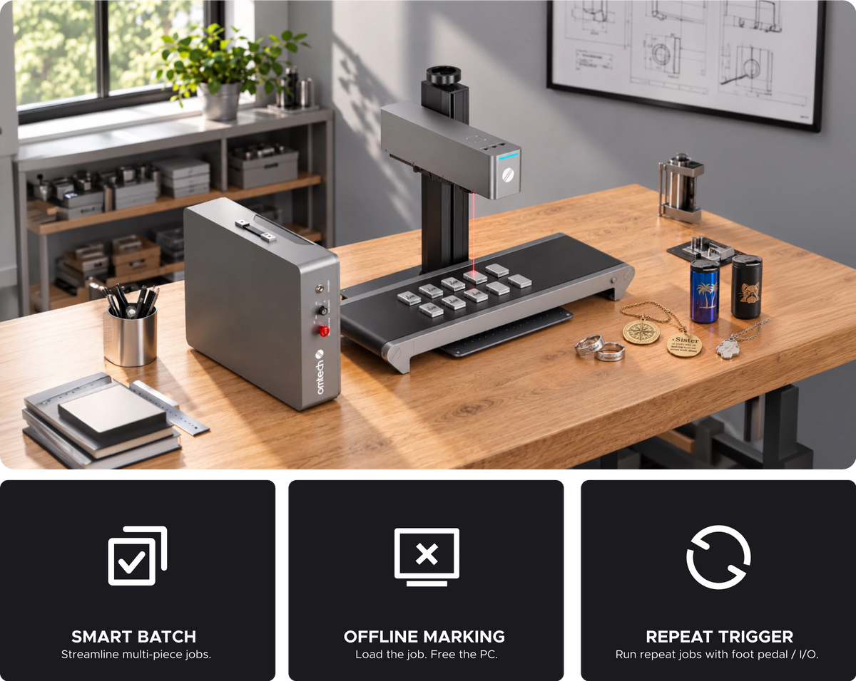 OMTech laser marker beside a labeled layout of cables, keys, safety glasses, positioning bars, hardware, and a ruler.