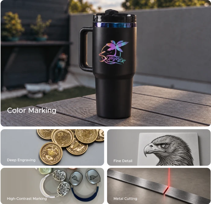 Collage of a color-marked tumbler, engraved coins, marked jewelry, a detailed eagle engraving, and cut metal.