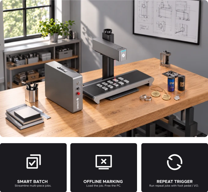 OMTech laser marker beside a labeled layout of cables, keys, safety glasses, positioning bars, hardware, and a ruler.