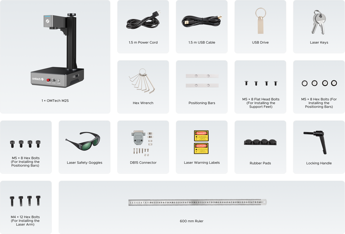 OMTech laser marker beside a labeled layout of cables, keys, safety glasses, positioning bars, hardware, and a ruler.
