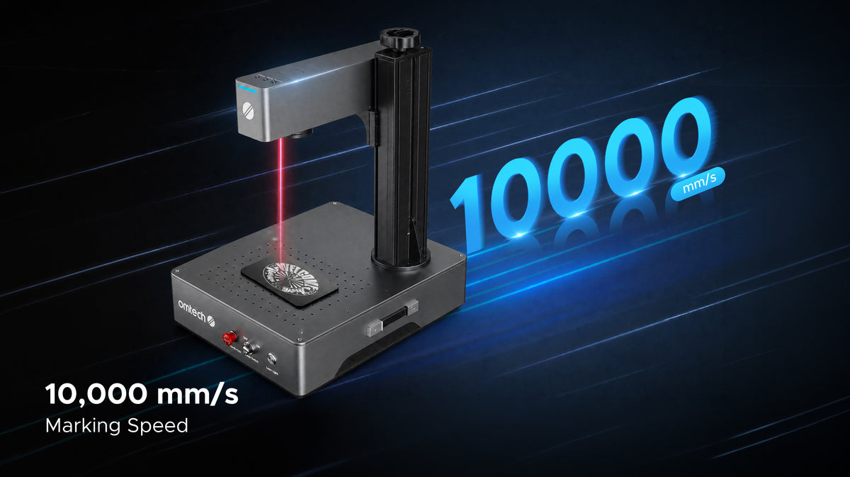 M2S laser marker over a metal sample with a blue motion graphic and a 10,000 mm/s speed callout.