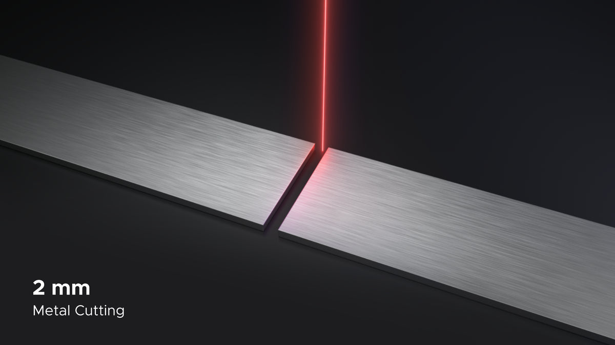 Illustrated red laser cutting across a metal strip, with a 2 mm metal-cutting callout.