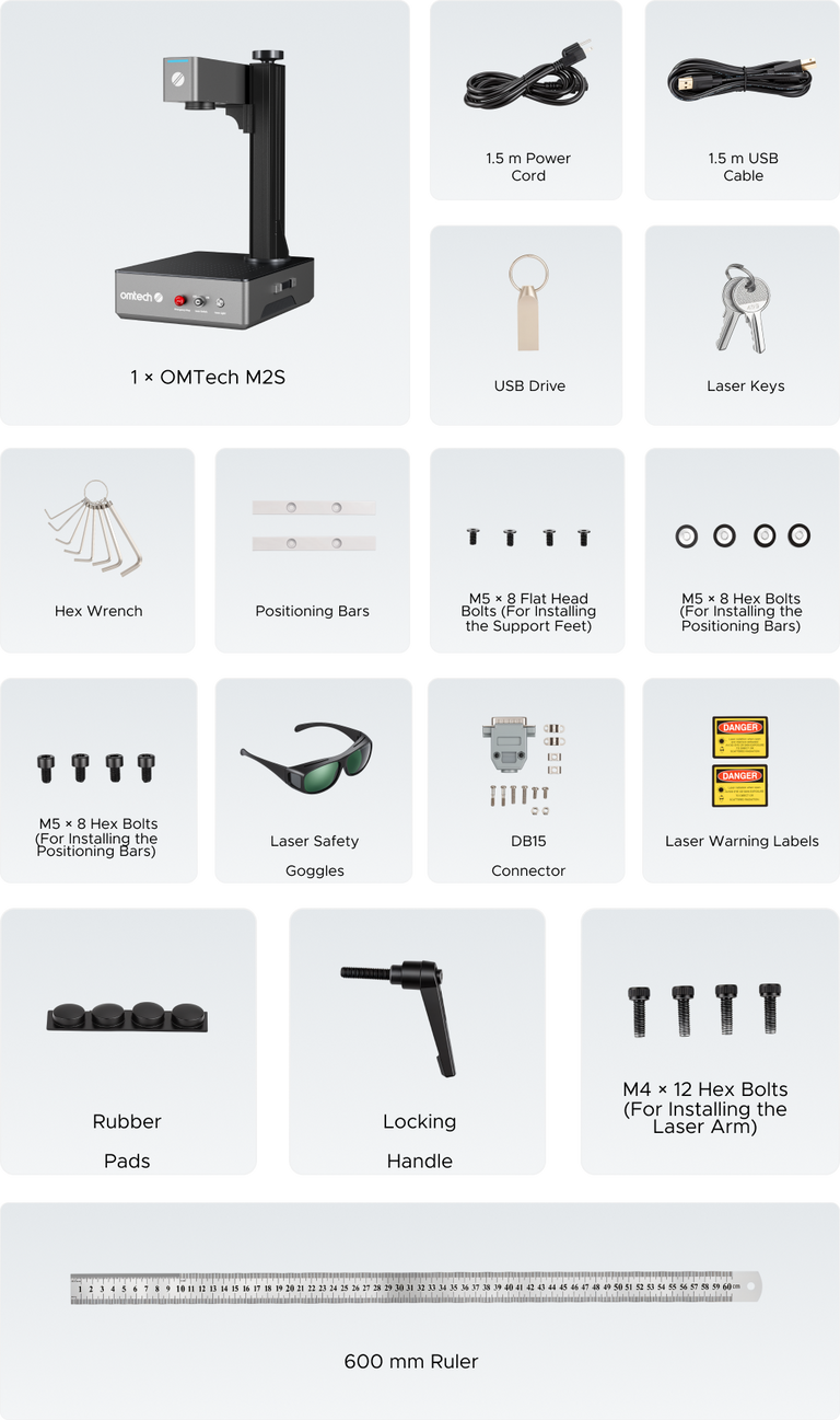 OMTech laser marker beside a labeled layout of cables, keys, safety glasses, positioning bars, hardware, and a ruler.