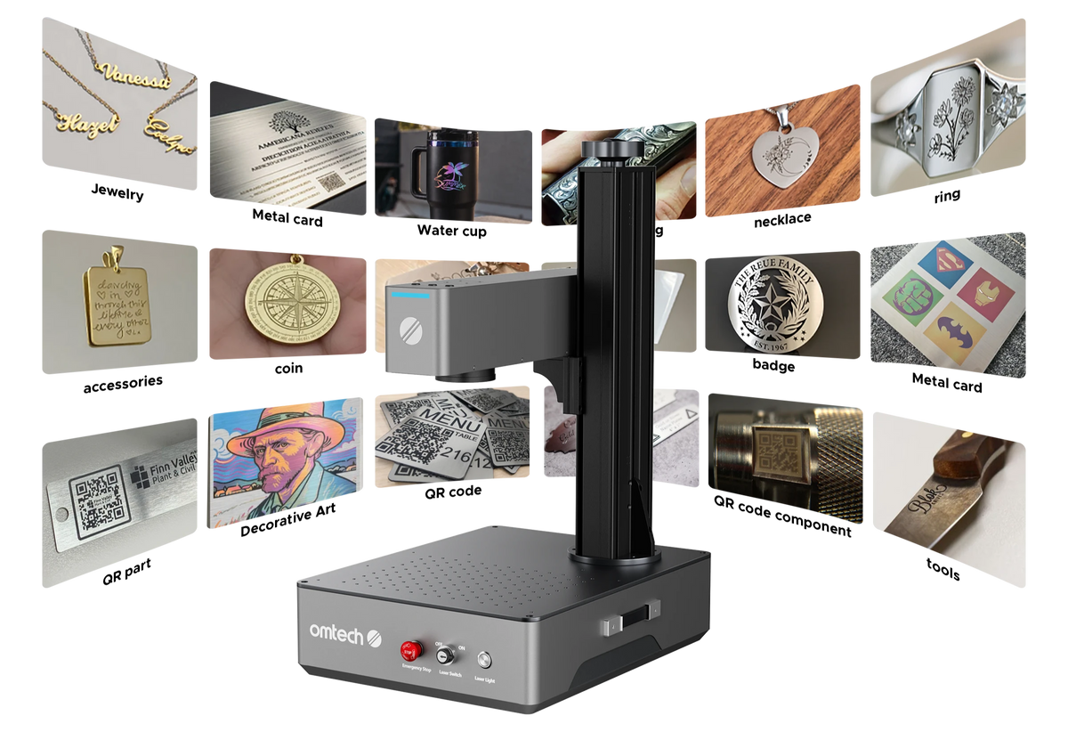 M2S laser marker surrounded by examples of jewelry, drinkware, metal cards, QR codes, decorative art, and tools.